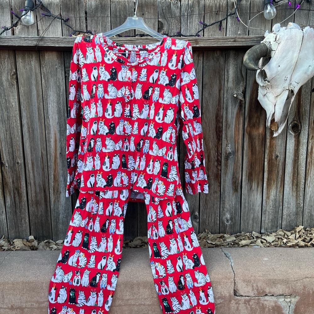 Red Christmas Cat Print Pajamas top & bottom Small